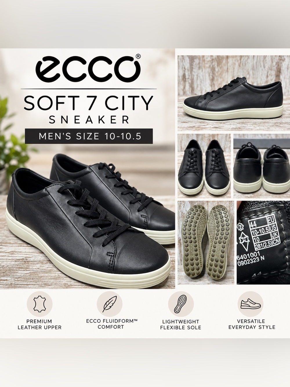 ECCO Men’s Soft 7 City Leather Sneakers Black Size EU 44 / US 10-10.5